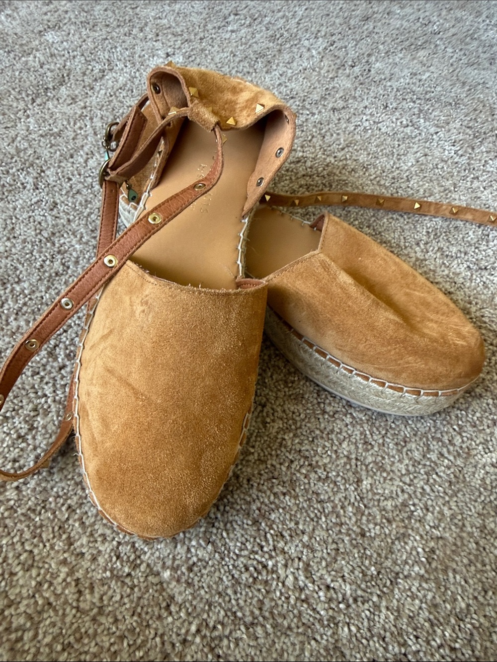 Suede Ankle-Tie Espadrille Platform Flats - Tan